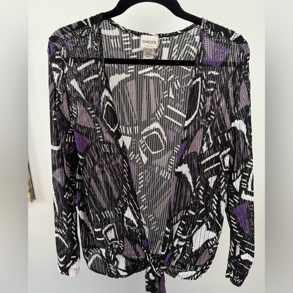 Chico's Black, White & Purple Open-Knit Cardigan
